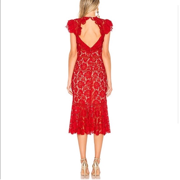 SAYLOR Lace High Neck Ruffled Trumpet Midi Dress Medium - Picture 2 of 14